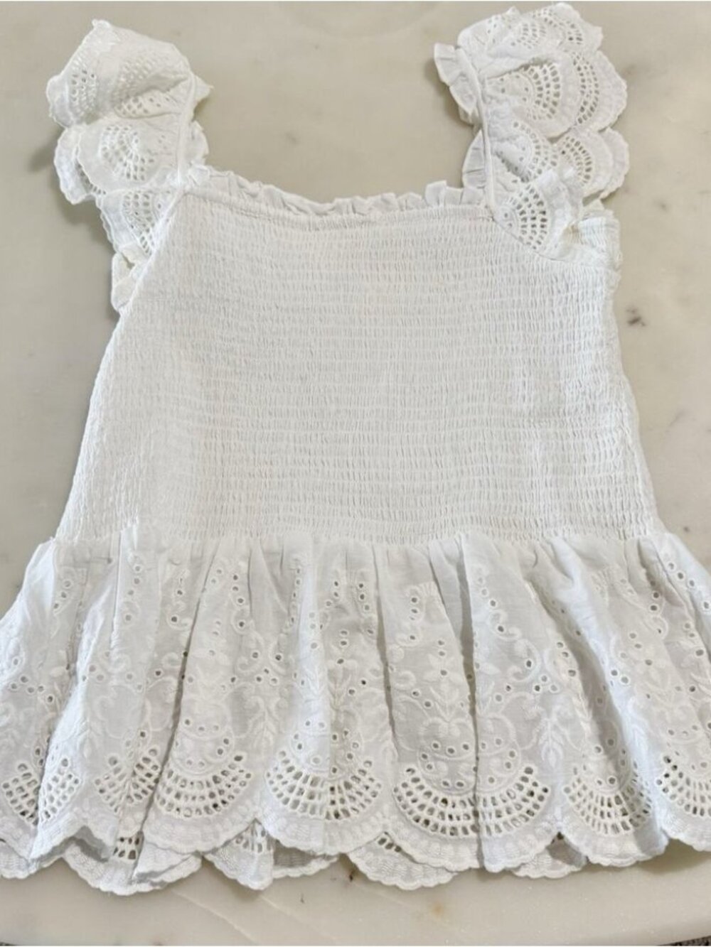 Size S Cotton White Eyelet Flutter Sleeves Smocked Peplum Top